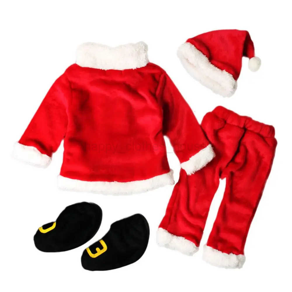 Winter Baby Girls Christmas Outfits Long Sleeve Fur Trim Velvet Toddler Coat+Pants+Hat+Shoes 4pcs Set Newborn Clothes 3-18MonthsXJ241205