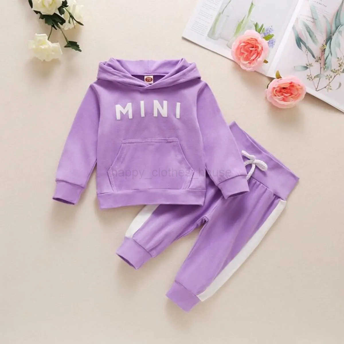 0-2 Year Old Newborn Baby Girls Spring and Autumn Hooded Letter Printed Long Sleeve Pants Fashion SetXJ241205
