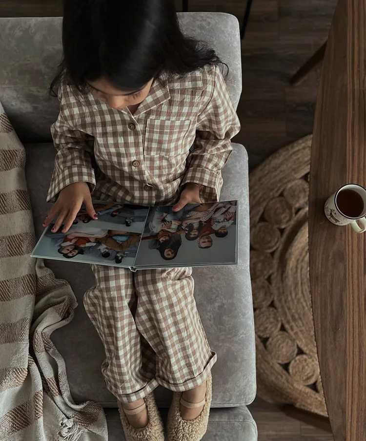 Pajamas Cute Kid Girls Turndown Collar Brown Plaid Pajama Sets.Vintage Toddler Kids Pyjamas Set Sleep Loungewear.Childrens Clothing H241205