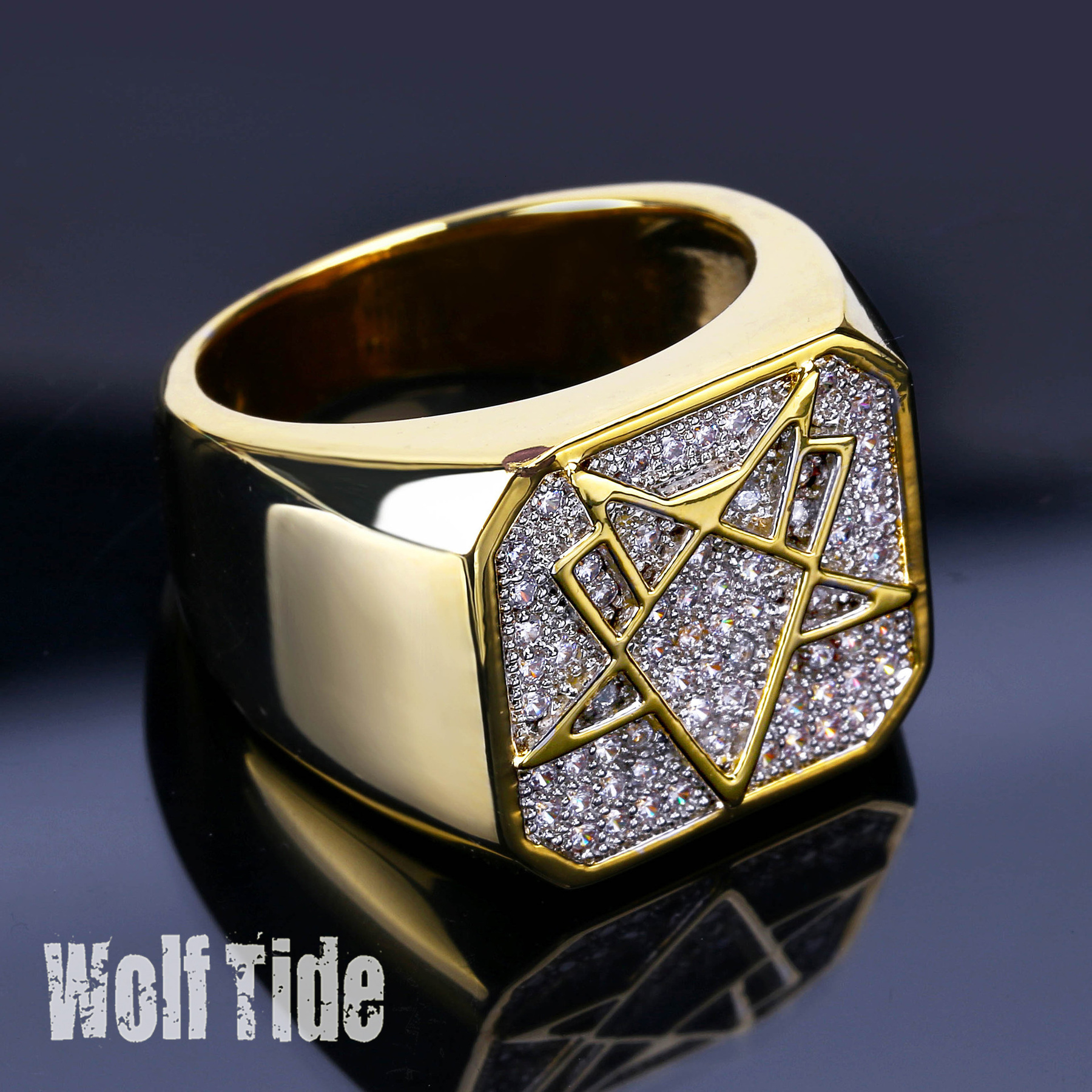 18K Gold Bling White CZ Cubic Zirconia Vintage Geometric Ring Hip Hop Fing Rings Diamond Jewelry Gifts For Men 18mm Size 7-11 Wholesale