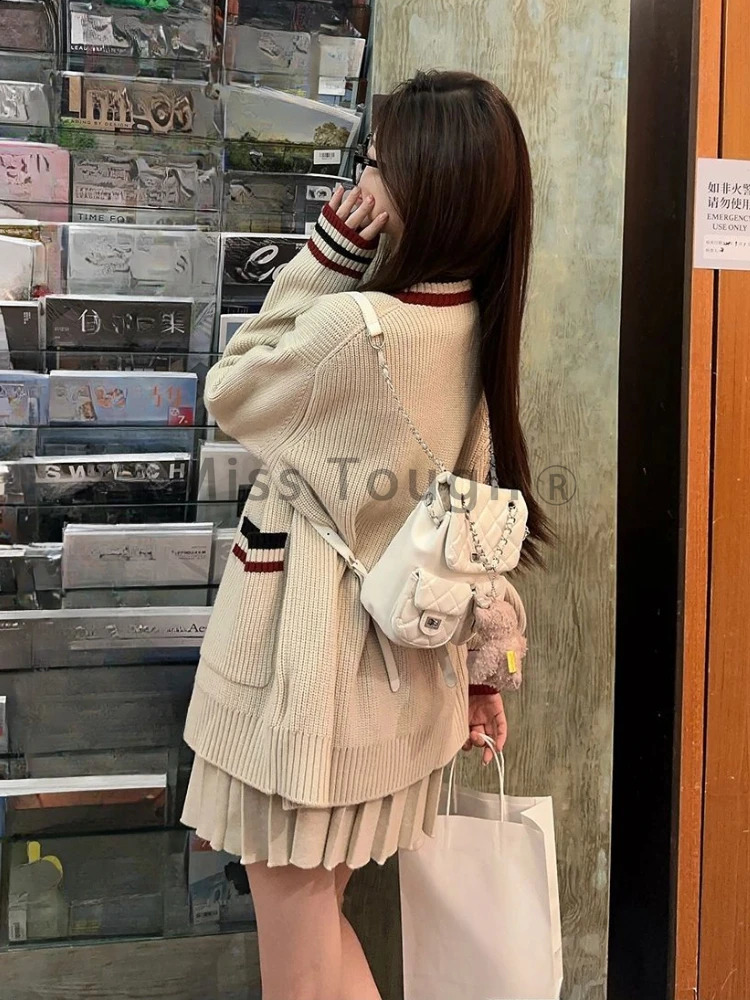 Preppy Style Sweet Two Piecec Suit Vintage Knit Cardigan Short Sleeve Sweater Mini Skirt Winter Y2k Pleated Sets 2024 241205