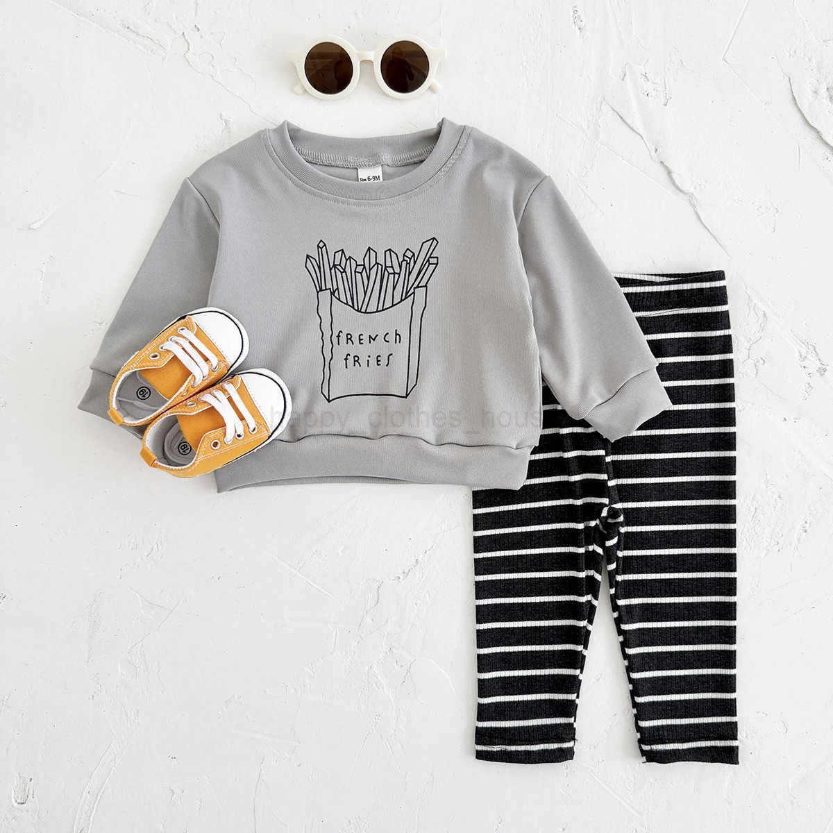 INS Newborn Baby Boy Sets Spring Autumn French Fries Print Top+Bottom Infant Toddler Suit Long Sleeves Girl 2PCS Casual WearXJ241205