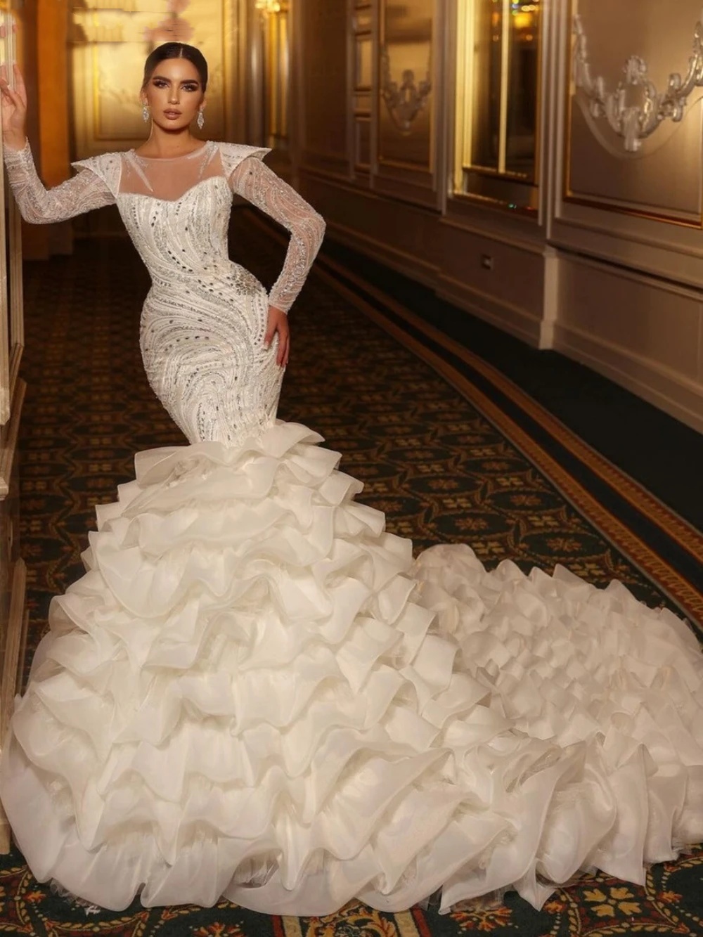 Exquisite Ruffled Beaded Mermaid Wedding Dress Modest O-neck Long Sleeve Bridal Gown Customized Sequined Dresses For Bride vestidos de novia