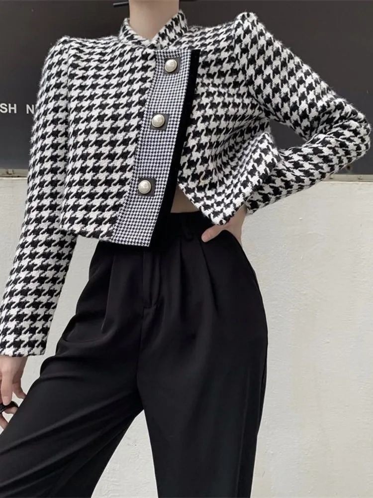 Houndstooth retro tweed jacket coat autumn winter fashion high street small perfume wool jacket 241205