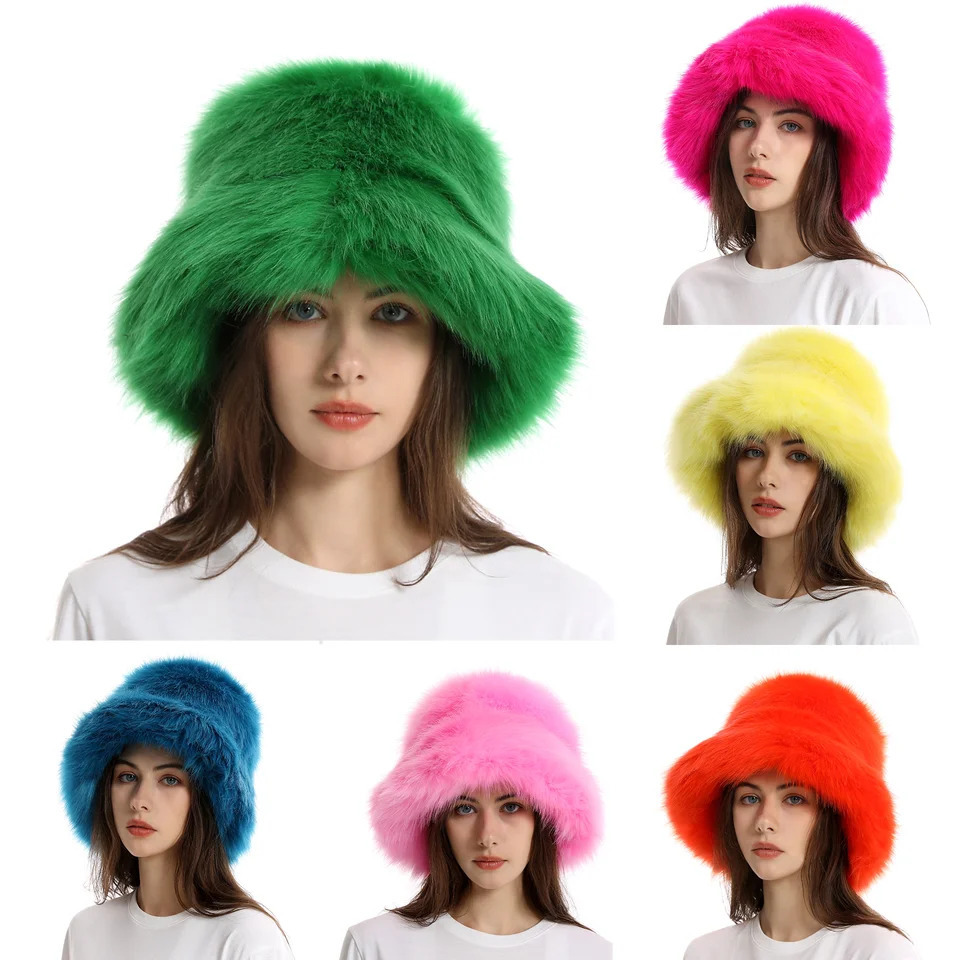 Warm wool hat in winter womens autumn and winter wide brown thick fur fox fur base hat solid color bucket hat 241205