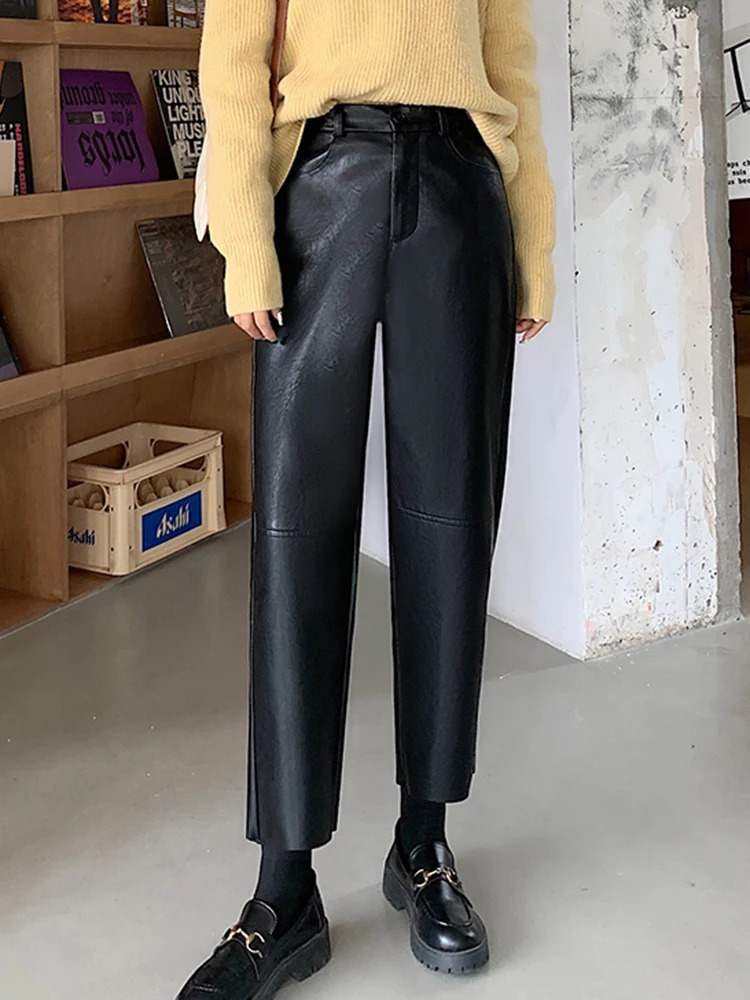 Autumn Winter Leather Pants Womens Korean Fashion High Elasticity Waist Red or Black Harem Trouthers Womens Pantalones 241202