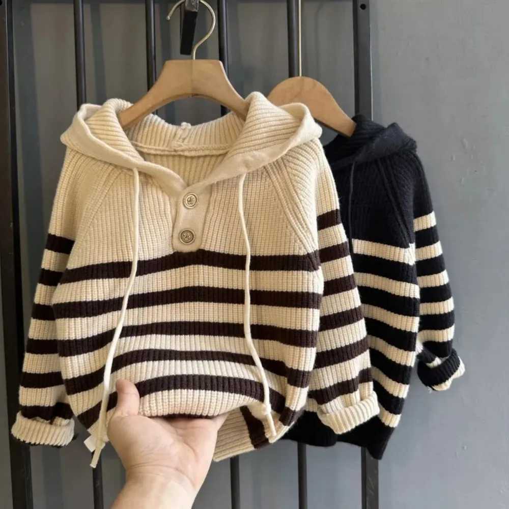 Spring and autumn childrens hooded sweatshirt with floral knitting winter childrens striped thick sweater sweater W241205