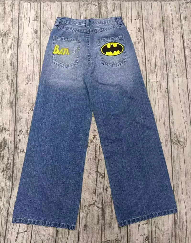 Trend Y2K Bat Animal Embroidery Baggy Jeans Vintage Men Black Washed Hip Hop Goth Denim Pants Fashion Straight Wide Leg Trousers 241204