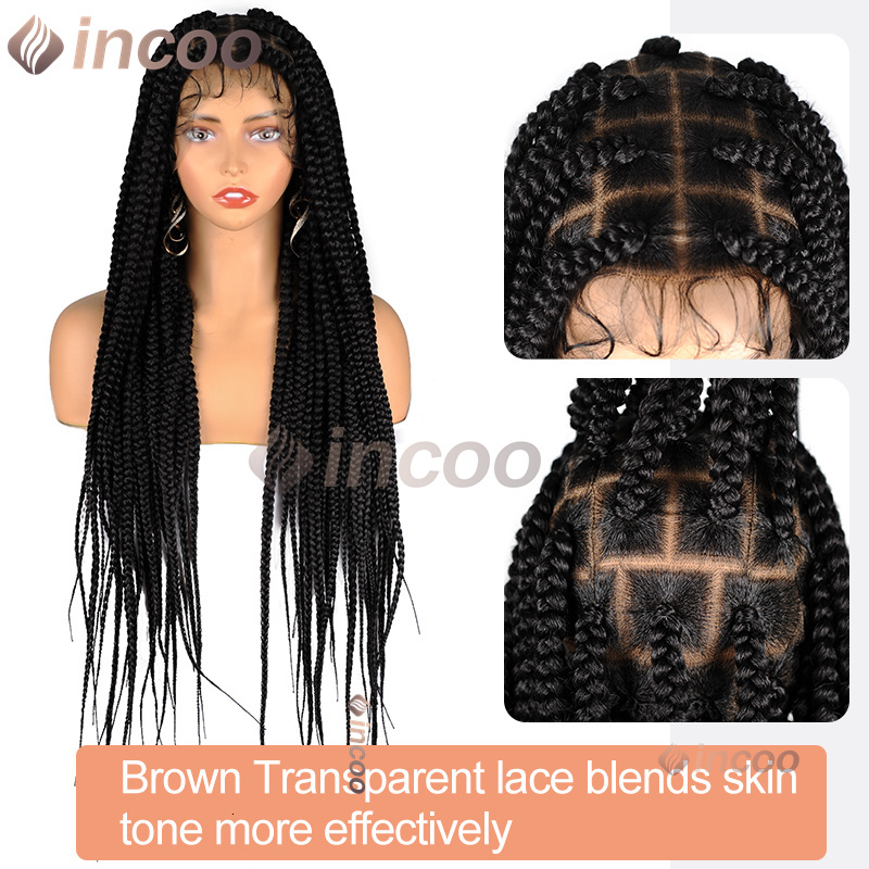36 Inch Synthetic Larger Box Braided Afro Knotless 360 Full Lace Frontal Braid Wigs Black Women Prepluck Baby Hair Incoo