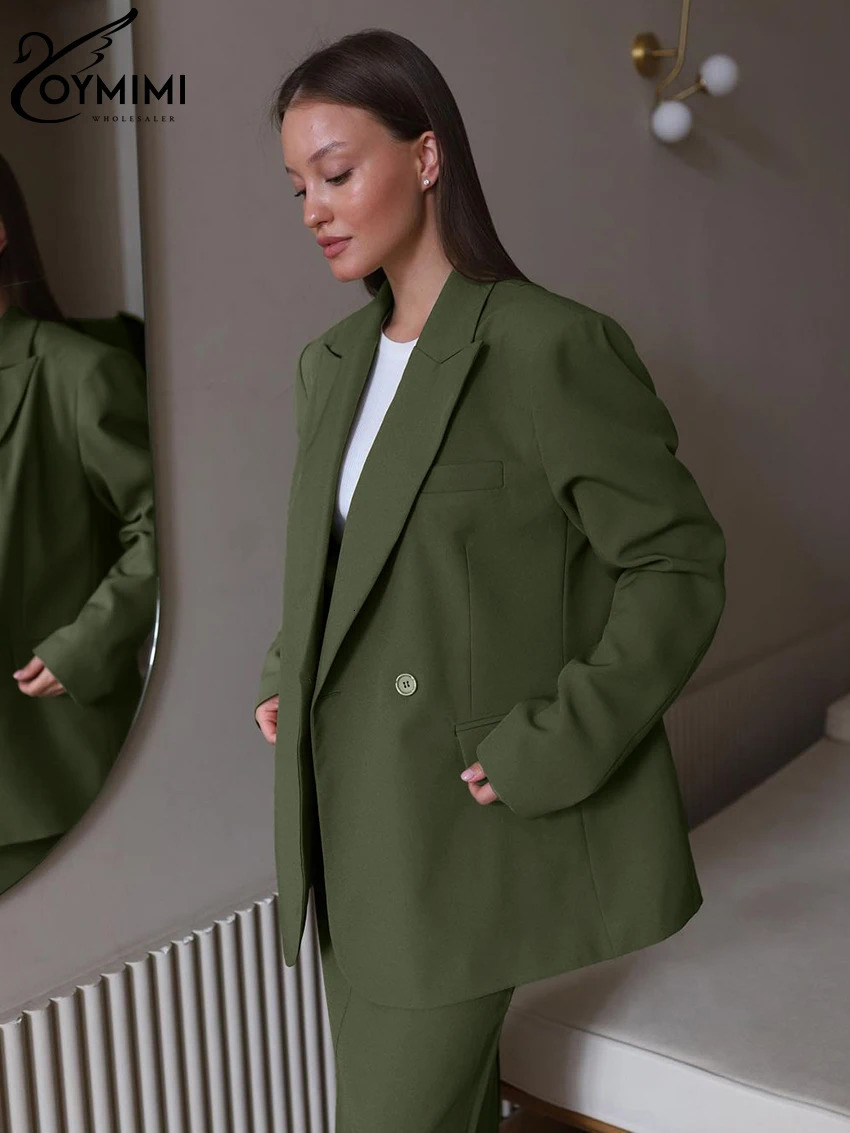 Oymimi Winter Loose Green Office Womens 2 Piece Outfit Set Fashion Long Sleeve Blazer With High Waist Long Skirts Set Female 241204