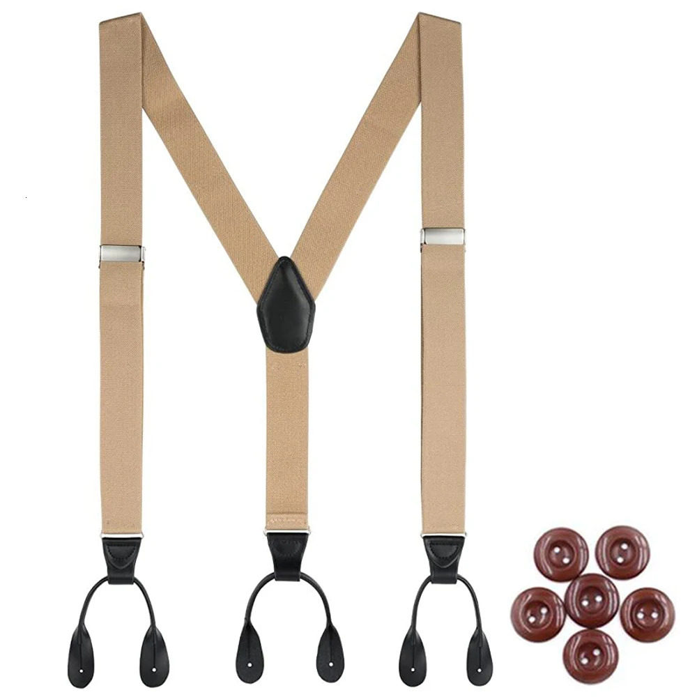 Vintage Suspenders for Men 35cm Width Button End Black Leather Trimmed Y Back Adjustable Elastic Trouser Braces Strap Belt 241122