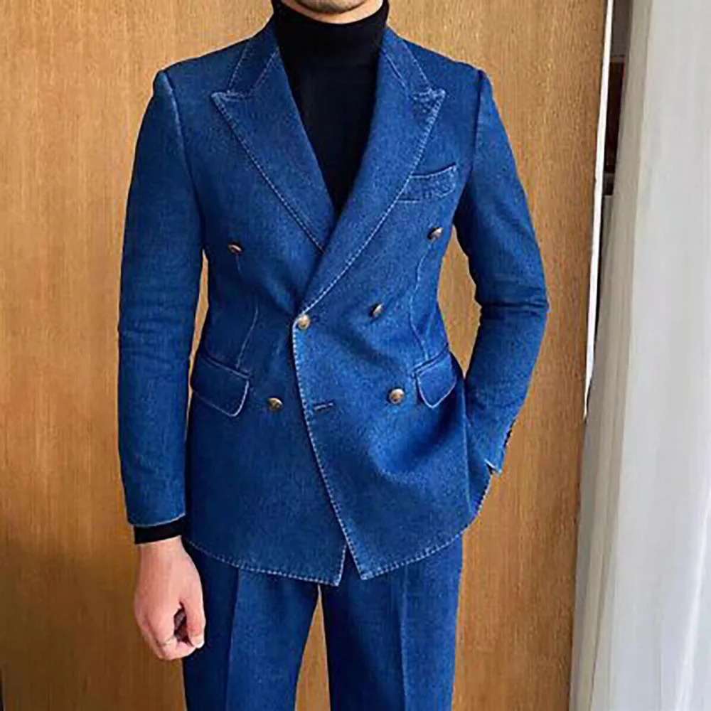 Denim double chest mens suit top lapel flat top mens clothing high-quality casual 2-piece jacket pants set formal jacket 241130