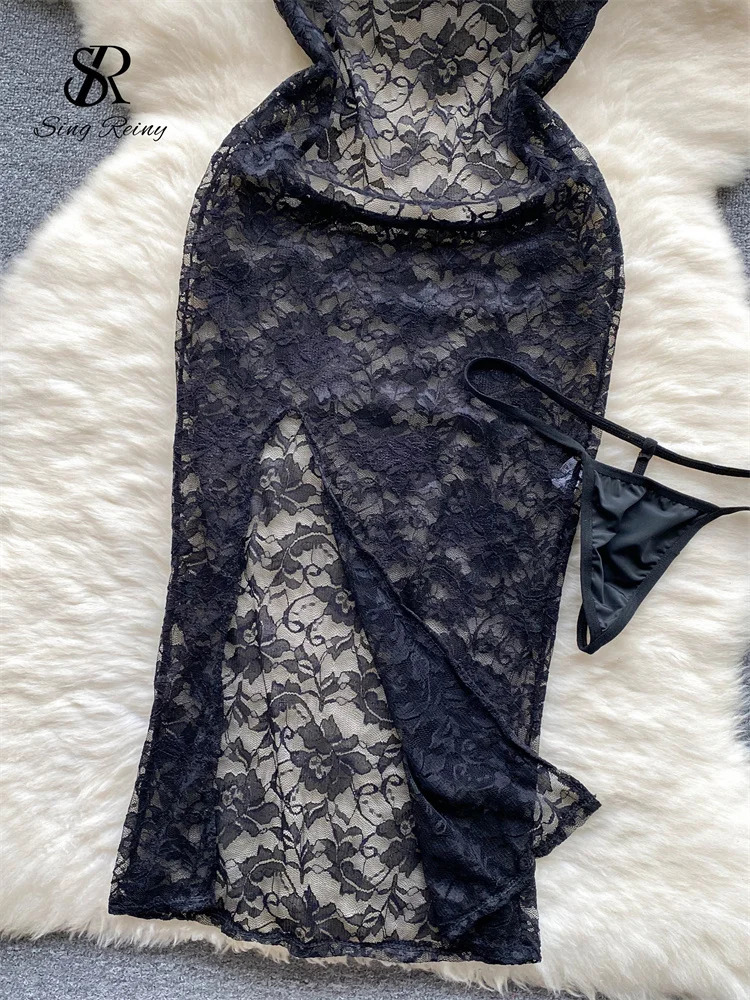 SINGREINY Summer France Sensual Night Dress Erotic Hollow Out Camis Lingerie Nightwear Women Split Slim Sheer Lace Pajamas Dress 241205