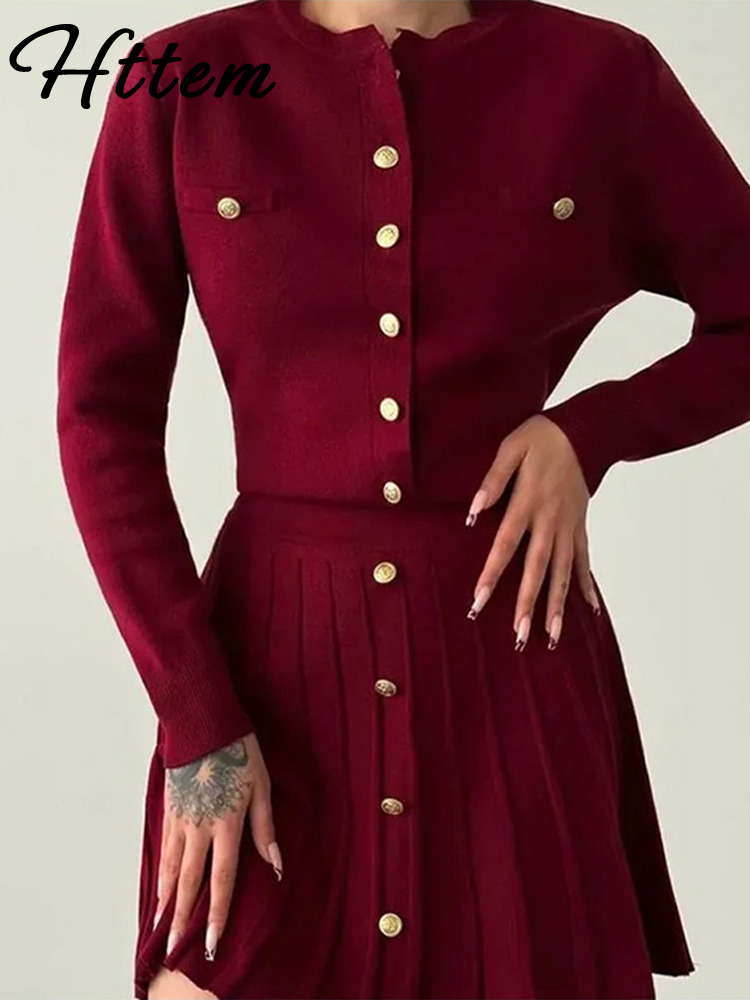 Elegant Button Coat Mini Skirt Women Set Slim Bury Red O-Neck Single Breasted Top Skirts Sets 2024 Autumn New Lady Outfits