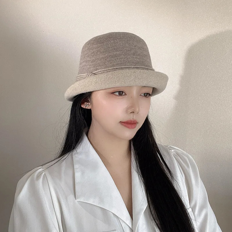 Autumn/Winter Japanese Curly Knitted 100% Wool Yarn Contrast Striped Womens Retro Casual Warm Bowl Hat Fishermans Hat 241205