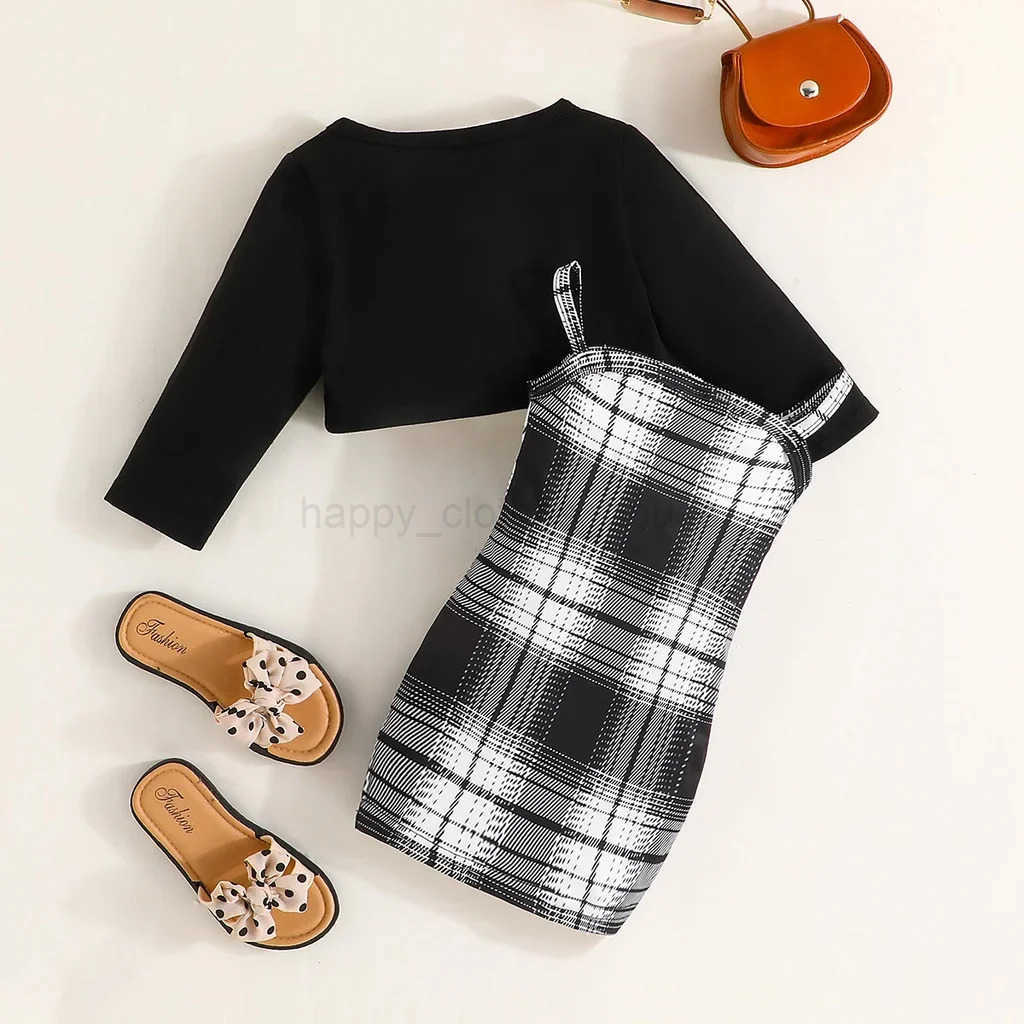 2Pcs Set Newborn Baby Girl 6-36 Months Long Sleeve Top Plaid Suspenders Skirt Dresses Outfit Toddler Infant Clothing SetXJ241205