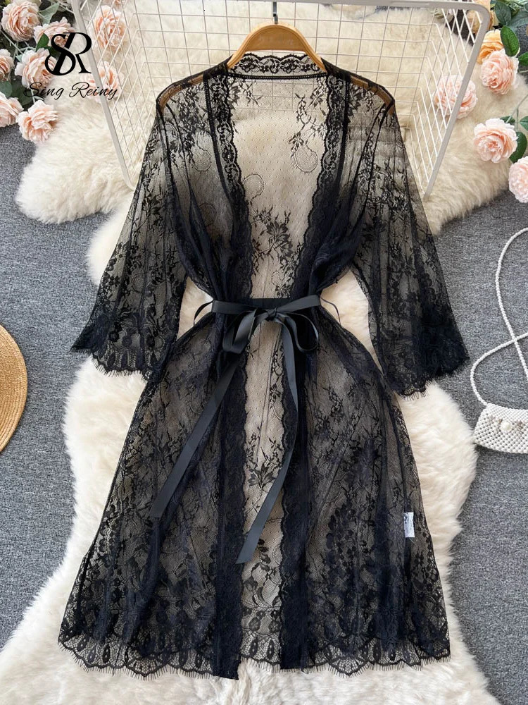 SINGREINY Mesh Sheer Sensual Cardigan Nightwear Women V Neck Lace Print Night Dress Summer Long Sleeve Lingerie Erotic Pajamas 241205