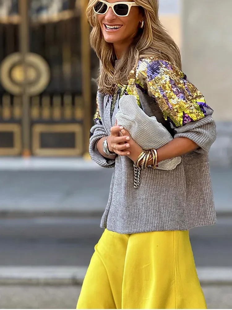 Fashion Round Neck Long Sleeved Womens Pullover Sequined Knitted Loose Contrasting Sweater 2024 Female Fall Streetwear 241204