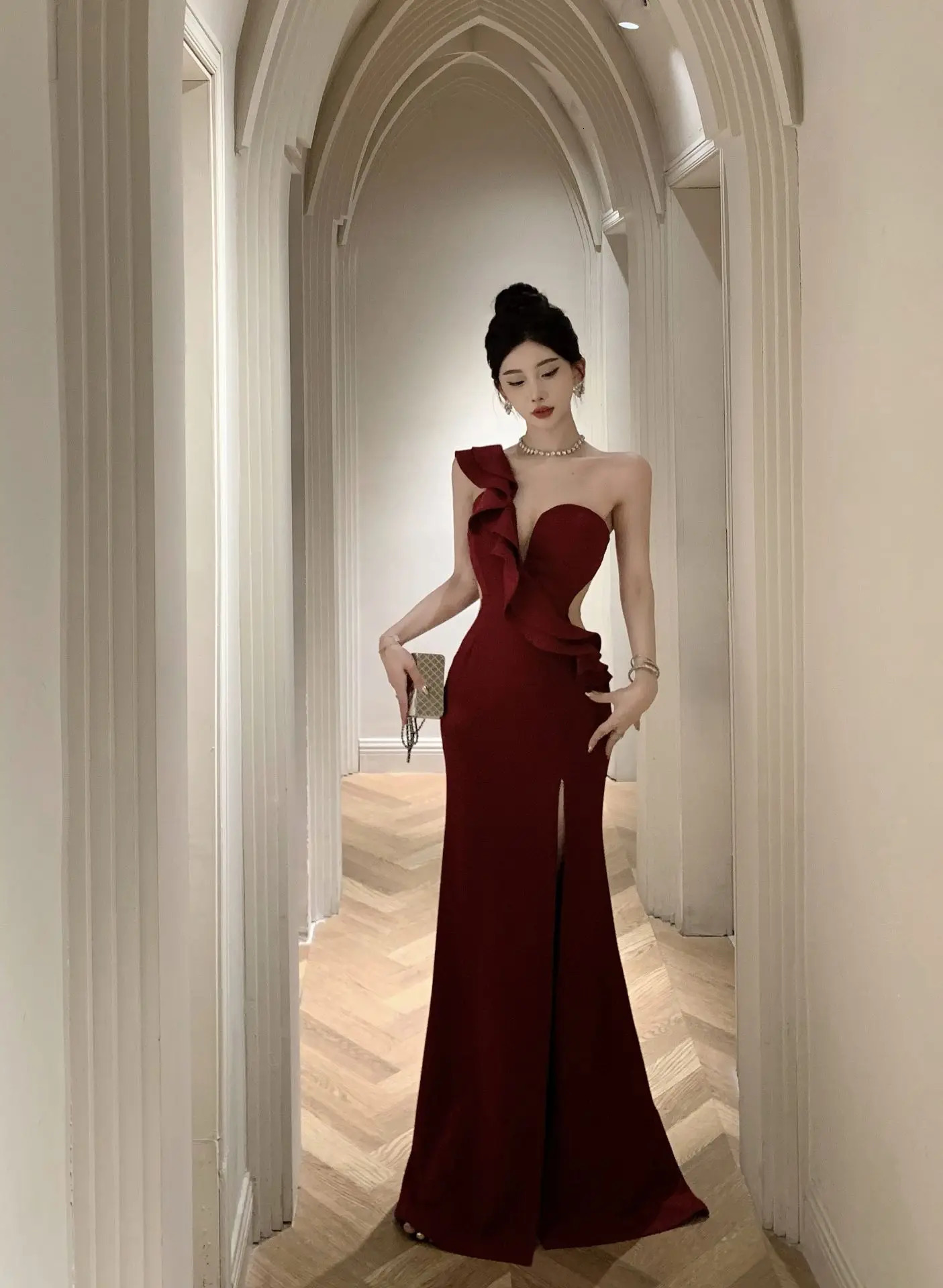 Elegant Fashion Wedding Evening Party Long Dresses for Women Sexy Split Sleeveless Slim Ladies Vintage Red Prom Female Clothing 241205