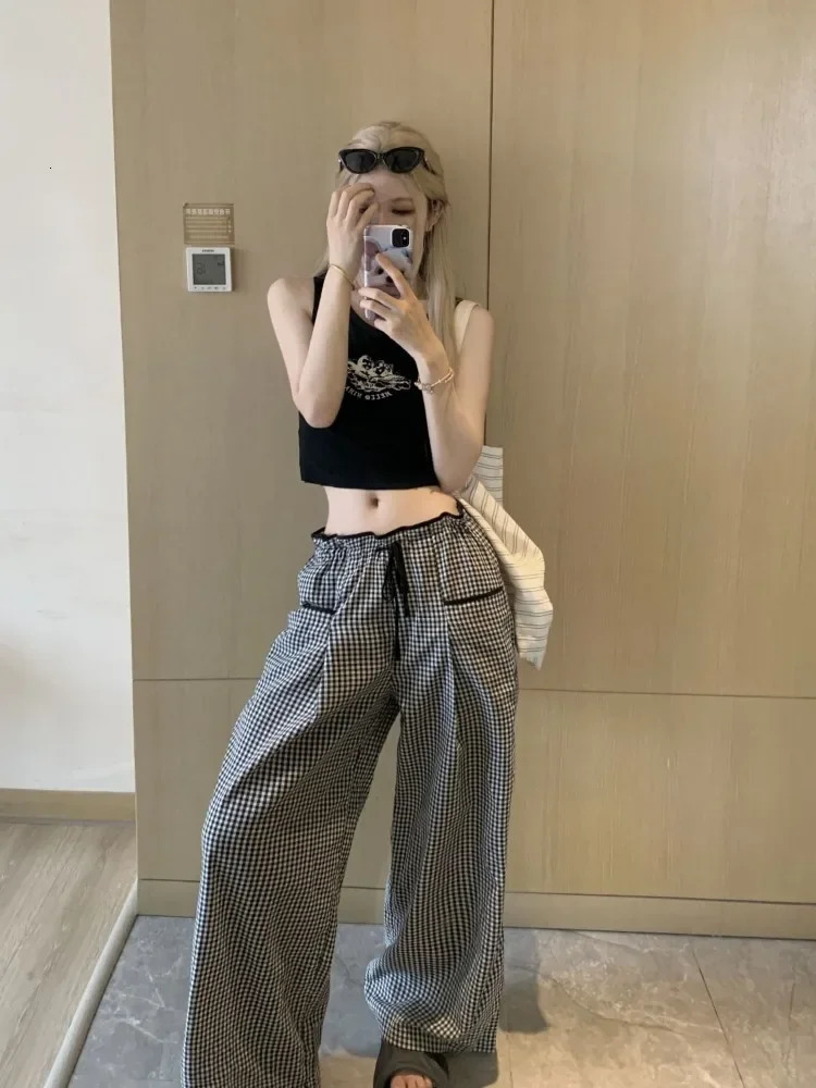 HOUZHOU Sweet Black Women Plaid Pants Coquette Japanese Style Cute Wide Leg Trousers Harajuku Kawaii Palazzo Pants Vintage Y2k 241204
