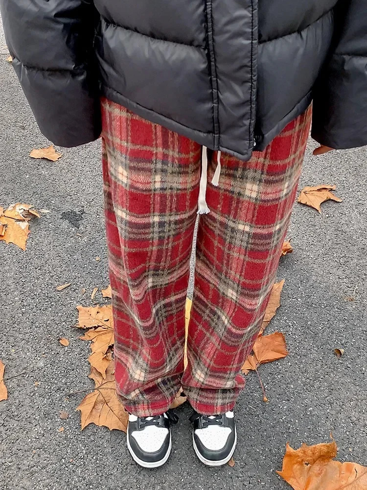 HOUZHOU Vintage Plaid Pants Women Wide Leg Harajuku Korean Style Red Checked Trousers Y2k Streetwear Classic Pants Warm Winter 241204