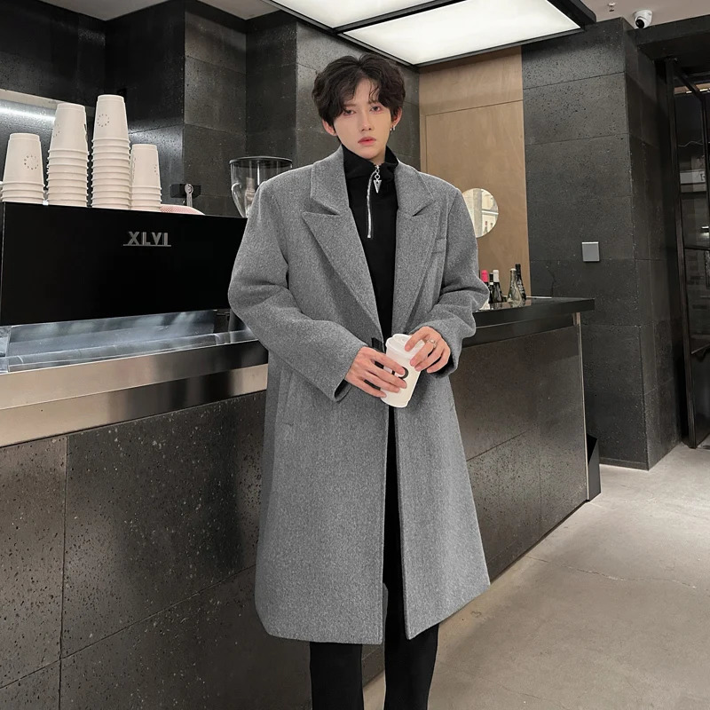 PFHQ Winter Mens Long Wool Coat Trendy Shoulder Cushion Slot Solid Color Long Sleeve Mens Top 21AZ3667 241204