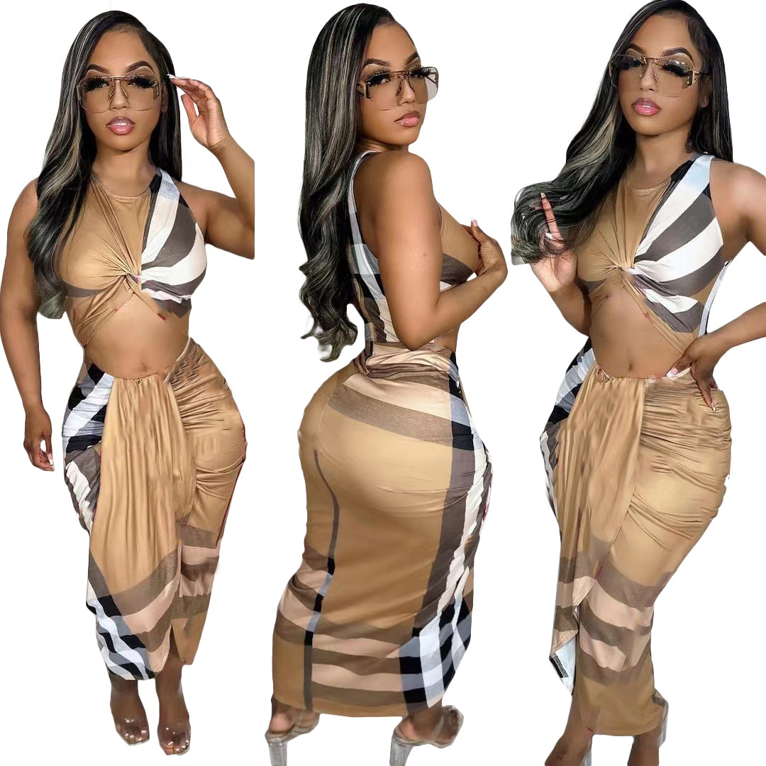 Basic Casual Dresses Cross Wrap Chest Slit Dress Mini Designer Plaid Printed Dress Women Skirt Sets