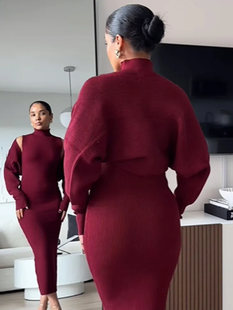 Elegant Burgundy Stand Collar Loose Sleeves Skirt Set Woman Casual Long Knit Sexy Sets 2024 Autumn Lady Fashion Party Outfit 241205