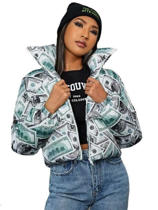 European and American women's 2021 printed long sleeved loose bread cotton coat jacket, 2024 new casual versatile fashion clothing