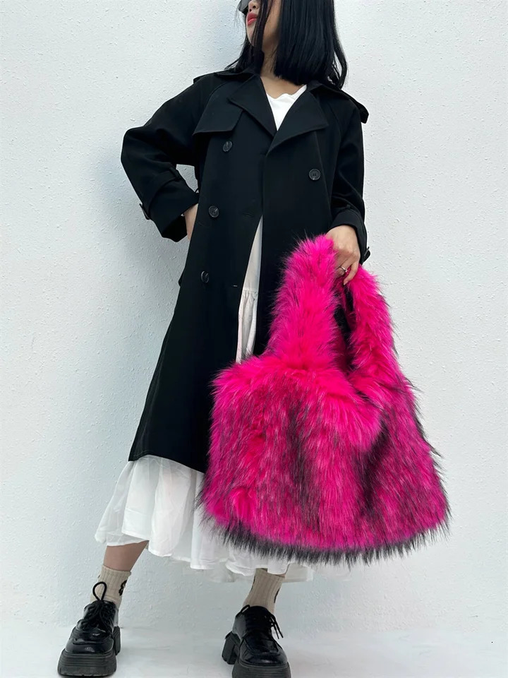 Fashionable large handbag faux fur womens handbag er womens handbag fluffy soft plush shopping bag warm winter Sac 241205