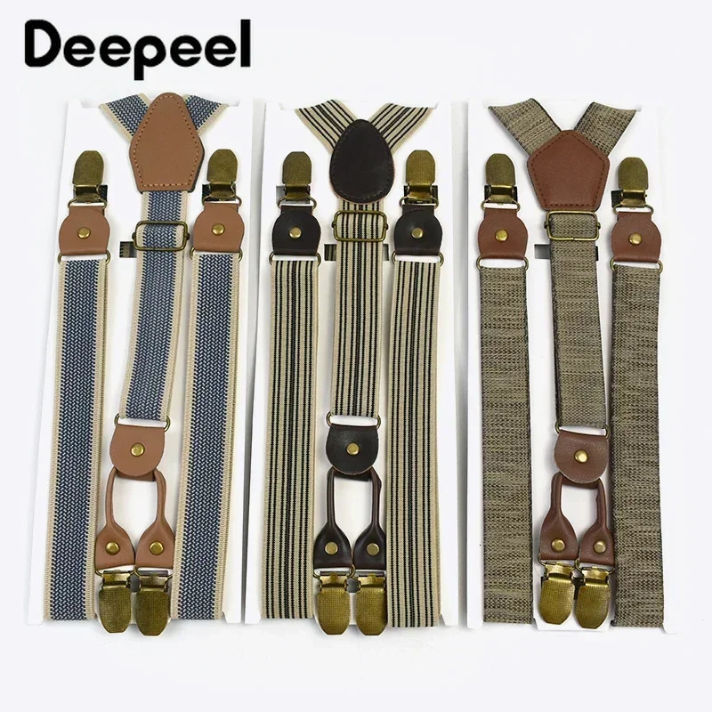 25cm Retro Elastic Mens Suspenders Unisex 4 Clips YType Stripe Strong Strap Wide Braces Male Jockstrap Casual Suspender 241122