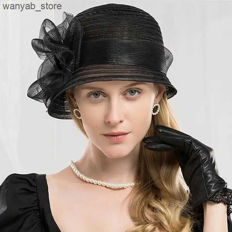 Cloches Womens Fedora Retro Black Hat with Handmade Bow Womens Cloche Bowler Church Hat L240910