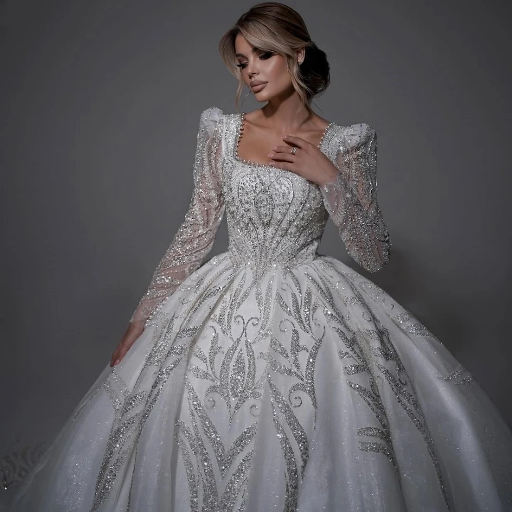 Pearls Beads Wedding Dress With Train Square Neck Puff Sleeve Bridal Gown Customized Organza Dresses For Bride vestidos de novia