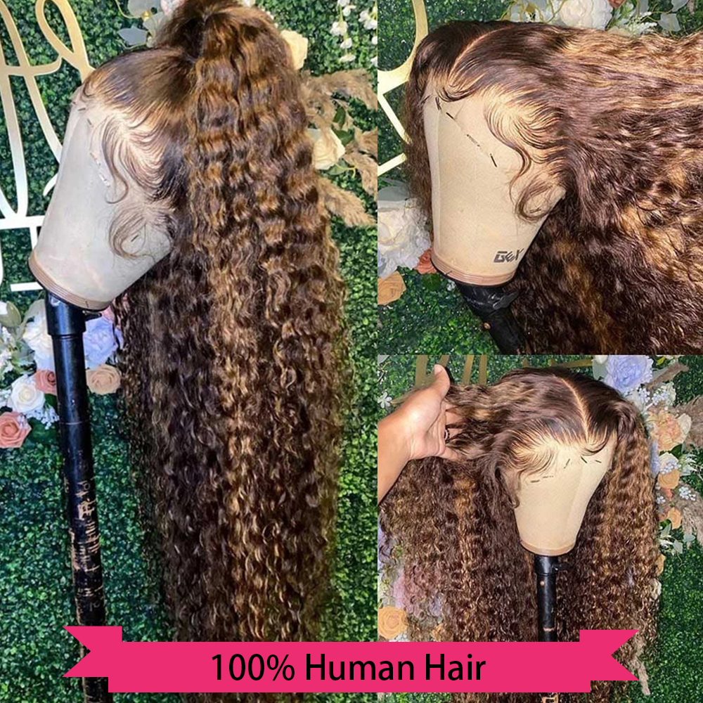 HD 13X4 Highlight Human Hair Deep Curly Ombre Brown Front 13X6 Water Wave Honey Blonde Transparent Lace Frontal Wig