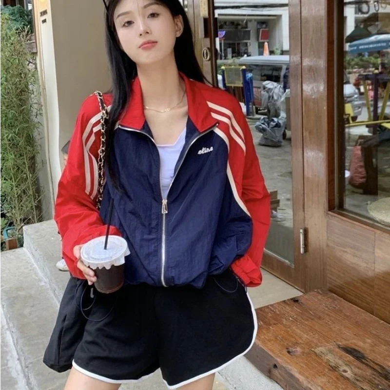 American Vintage Varsity Jacket Women Long Sleeve Sweatshirt Coat Baseball Jerseys Sun Protection Casual Loose Thin Tops 241205