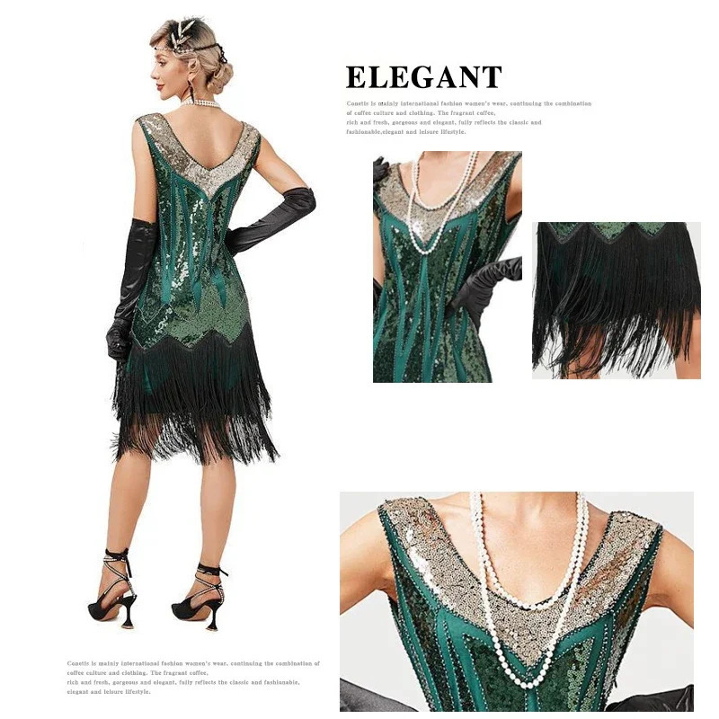 Vintage 1920s Flapper V-neck Double Tassel Dress Great Gatsby Cosplay Costume Cocktail Party Charleston Dance Sequin Dress 241205