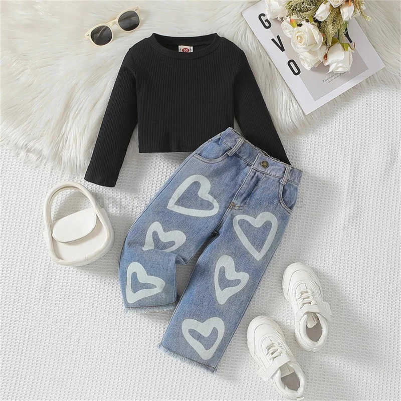 Pudcoco Little Girl Fall Outfits Solid Color Long Sleeve Crew Neck Pullover with Heart Pattern Denim Long Pants 2Pcs Set 1-5TXJ241205