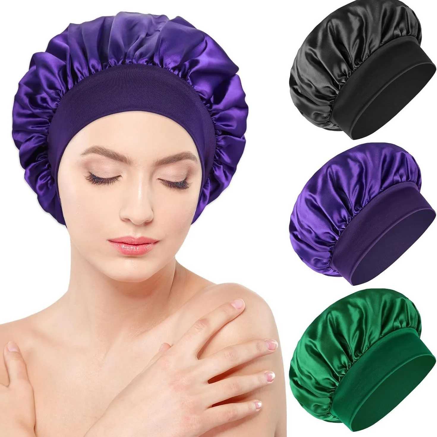 Solid Color Womens Satin Wide-brimmed Sleeping Hat Unisex Silk Imitation Head Wr Elastic Band C Hair Care Bonnet Night HatXJ241205