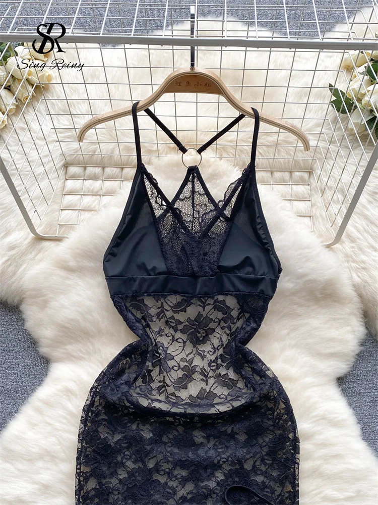 SINGREINY Summer France Sensual Night Dress Erotic Hollow Out Camis Lingerie Nightwear Women Split Slim Sheer Lace Pajamas Dress 241205