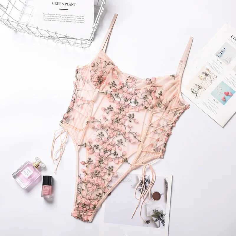 Womens Sweet Lace Embroidery Strap Lingerie Set Sexy Perspective Temptation Jumpsuit Female Solid Exotic Apparel SuitXJ241205