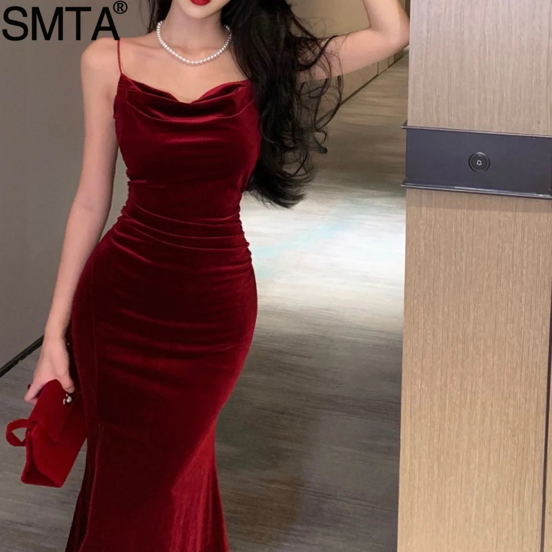 Vintage Sexy Club Prom Red Dresses for Women Spaghetti Strap Slit Velvet Dress Beach Bandage Bodycon Midi Dress Party Elegant 241205