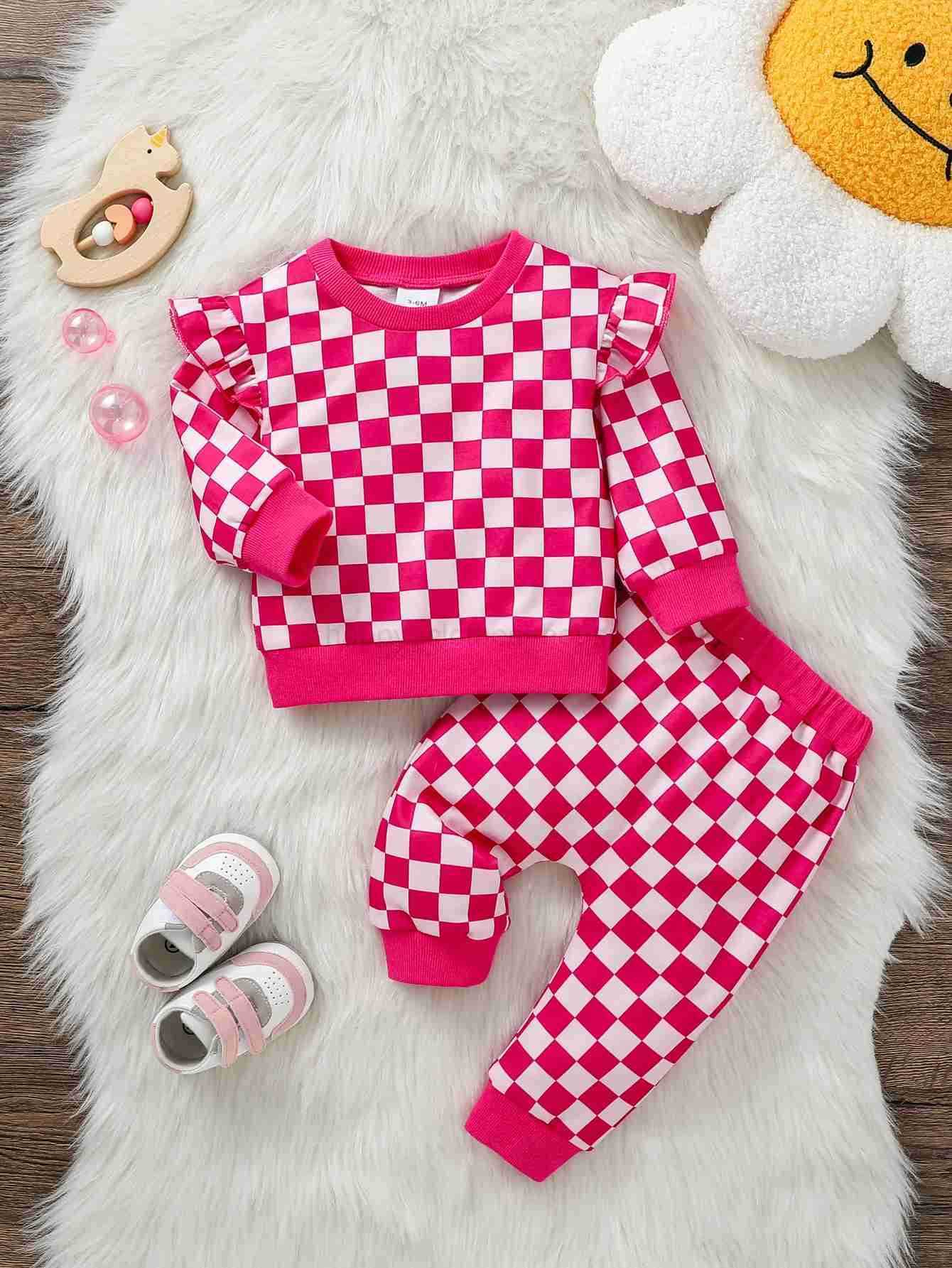2Pcs Baby Girls Pink Long Sleeve Plaid Sweatshirt +Pants For Fall/Winter Casual Clothing SetXJ241205
