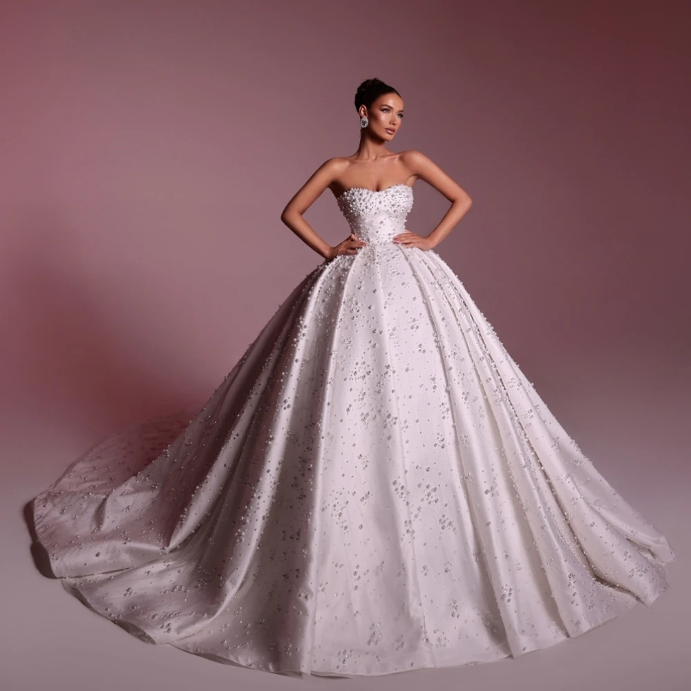 Vintage Pearls Ball Wedding Dress Elegant Strapless Satin Bridal Gown Customized Sleeveless Dresses For Bride vestidos de novia