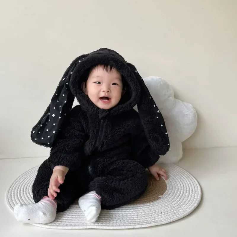 Pajamas Winter Girls Rabbit Romper Slouchy Comfortable Zipper Jumpsuit Cute Hooded Pajamas Baby Boys Plush Homewear Outfits H241205