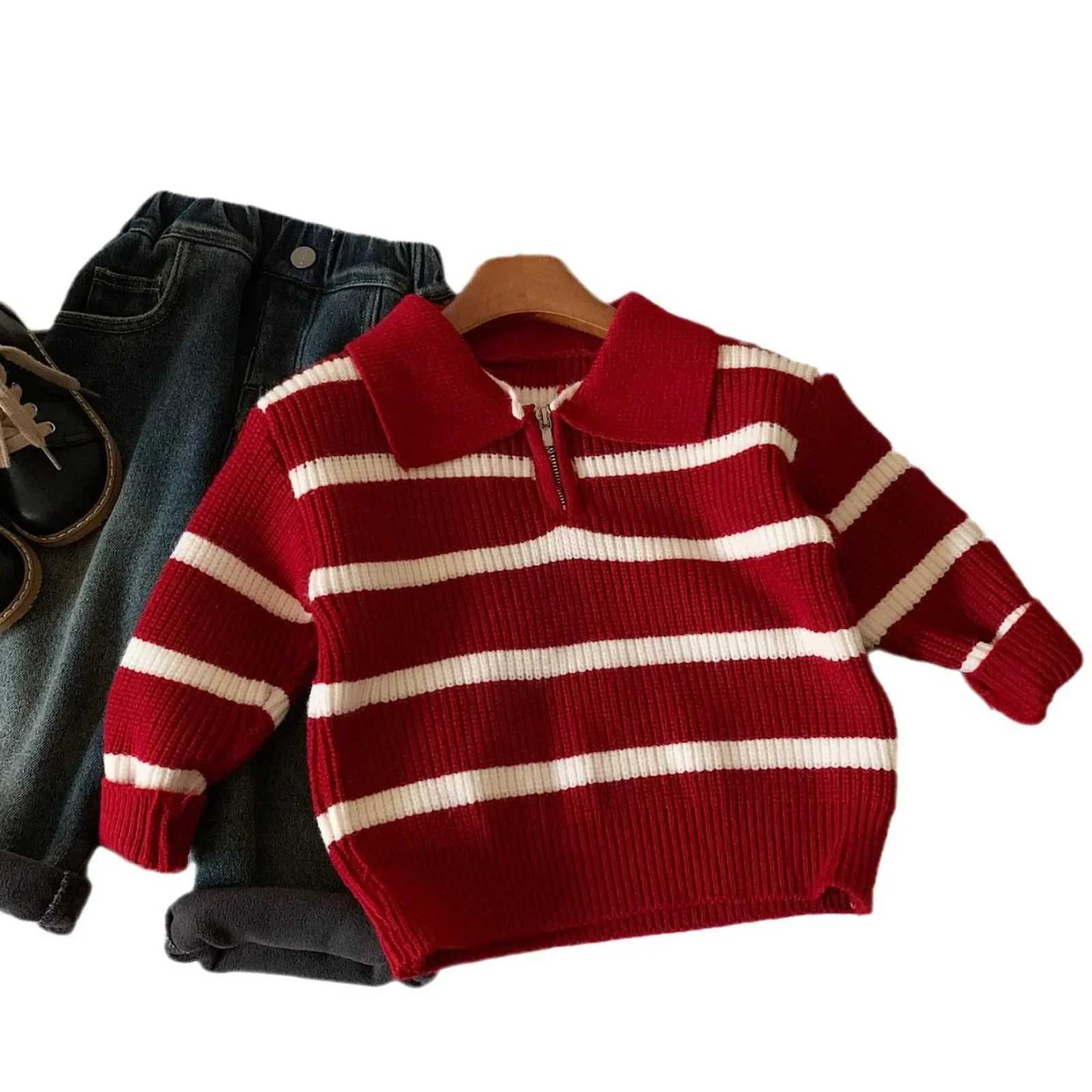 Childrens Sweater New 2024 Autumn/Winter Striped Bag Korean Fashion Simple Self Heating W241205