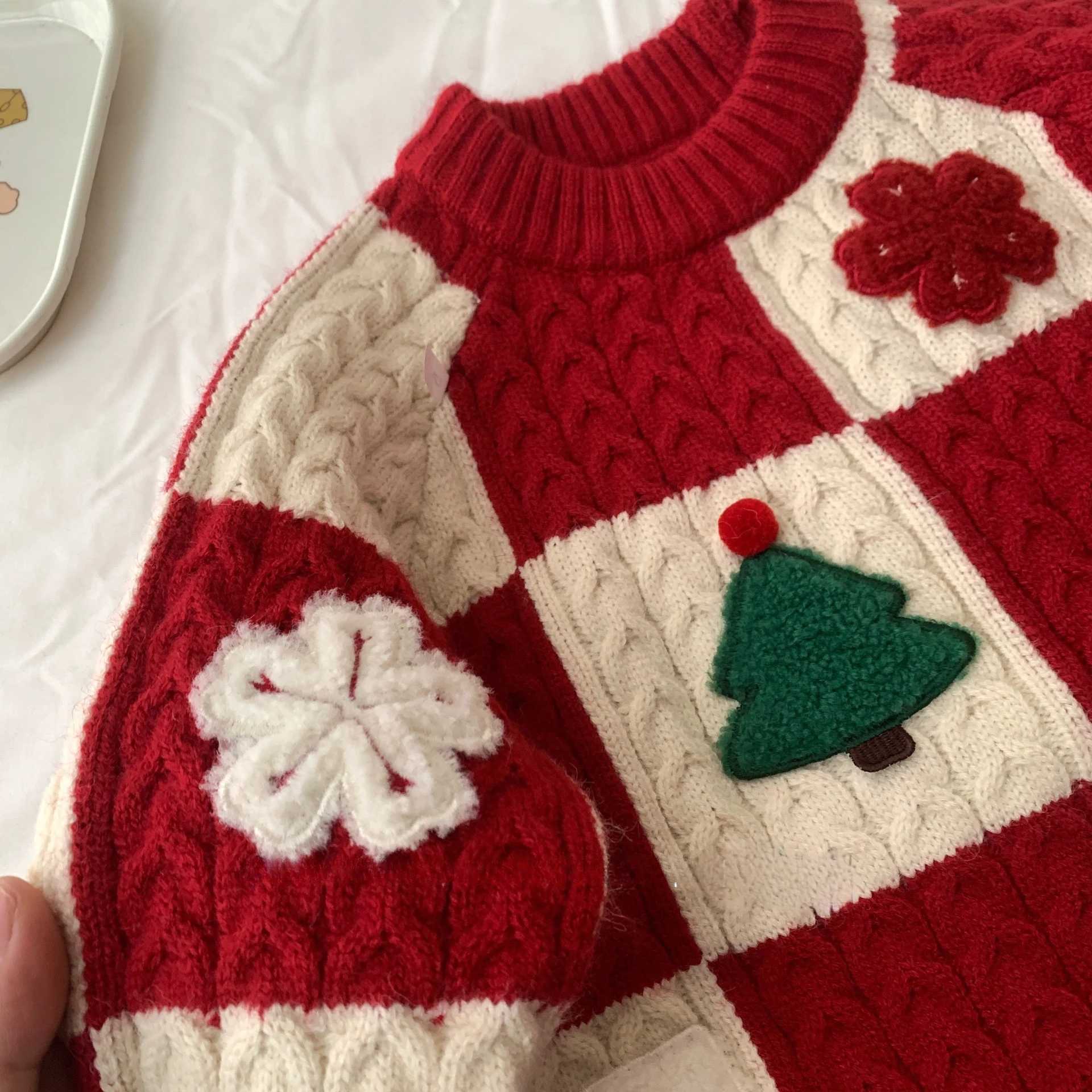 Autumn winter baby girl Christmas sweater cotton knit thick plain bear patch childrens sweater childrens knit W241205