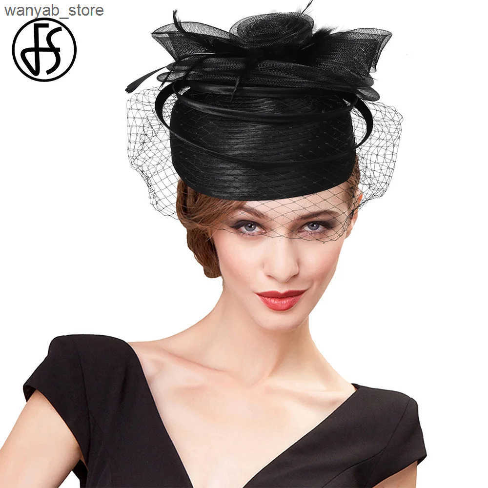 Cloches FS 2024 Wedding Church Red Hat Womens Feather Veil Cocktail Party Headwear Elegant Womens Kentucky Derby Hat L240910