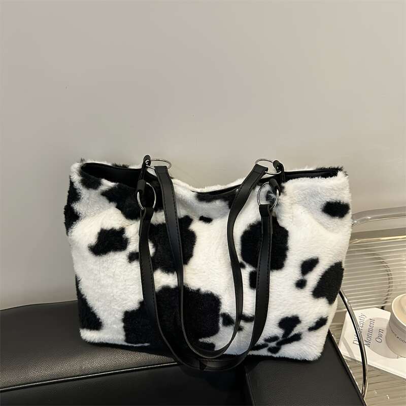 Plush One Shoulder Tote Bag - Large Capacity, Multi Functional, Comfortable, Warm, Cow Pattern