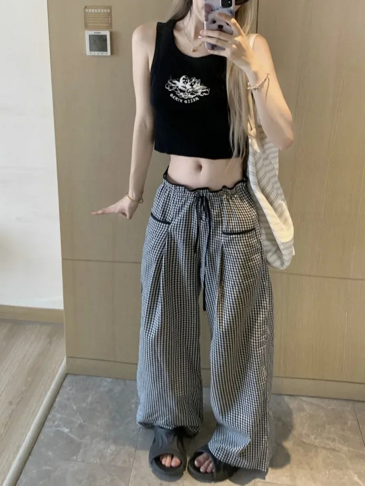 HOUZHOU Sweet Black Women Plaid Pants Coquette Japanese Style Cute Wide Leg Trousers Harajuku Kawaii Palazzo Pants Vintage Y2k 241204