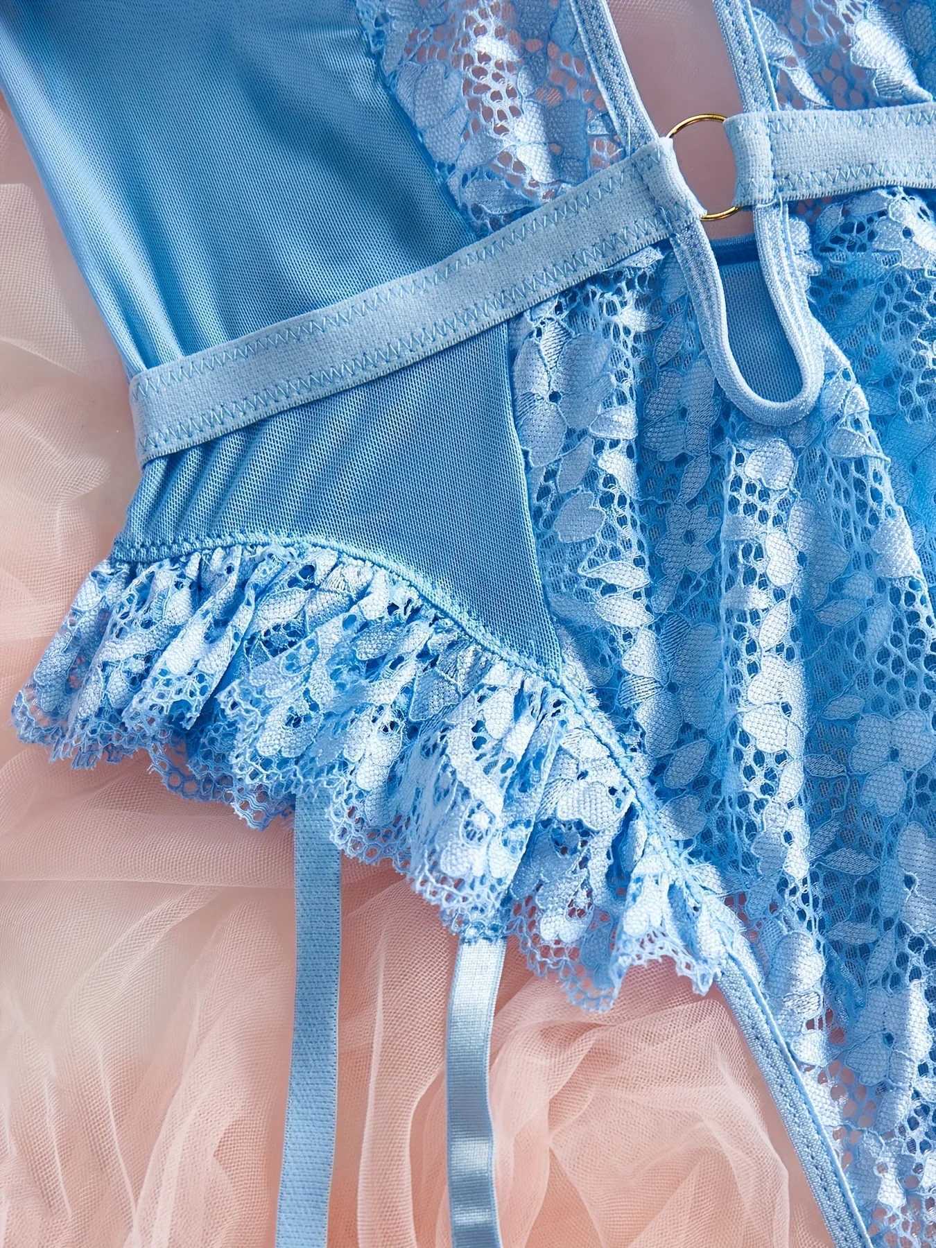 Hot Solid Contrast Lace Teddy Hollow Out Lettuce Trim Garter Belt Strappy Thong Bodysuit Womens Sexy Lingerie UnderwearXJ241205